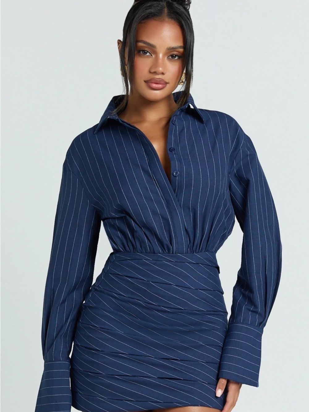 Showpo Navy Pinstripe Long Sleeve Shirt Dress